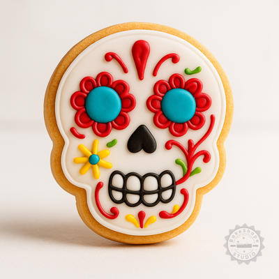 Decorated example 1 of Skull Mask Cookie & Fondant Shape Cutter and Stamp Set, 6-Piece, S/M/L Sizes, Day of the Dead, Calavera Icon