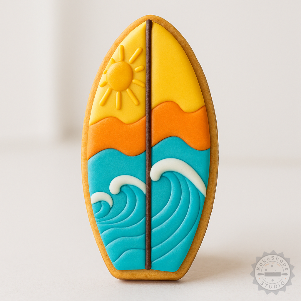 Decorated example 1 of Surfboard Shape Cutter and Stamp Set, 6 Pieces, Perfect for Cookies and Fondant Surf-Themed Baking