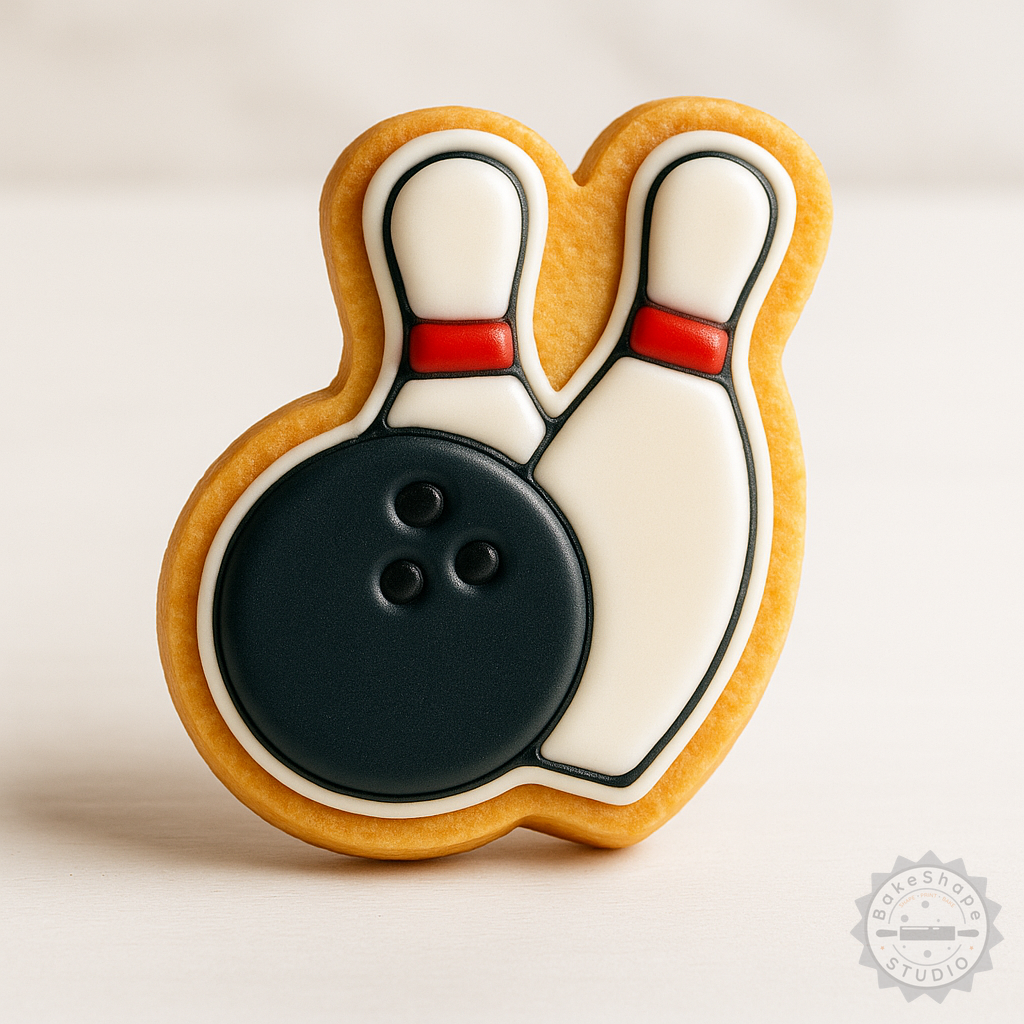 Decorated example 1 of Bowling Shape Cutter and Stamp Set, Cookie Fondant Cutters, 6-Piece Bowling Ball and Pin Design