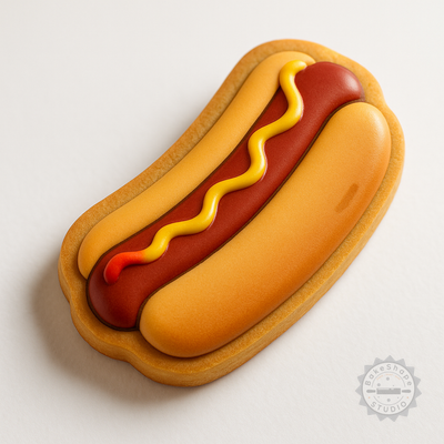 Decorated example 1 of Hot Dog Shape Cutter and Stamp Set, Perfect for Cookies and Fondant, 6-Piece, S/M/L Sizes