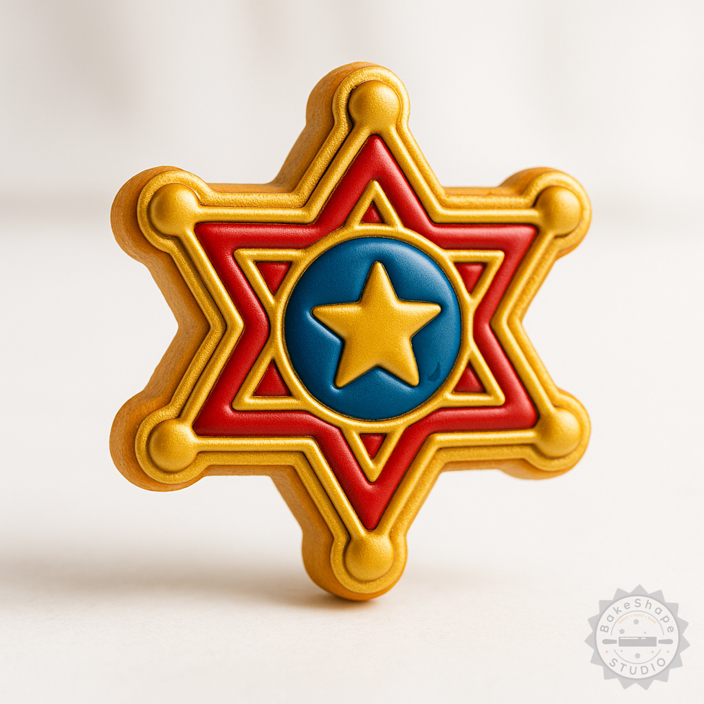 Decorated example 1 of Sheriff Badge Cookie Cutter & Stamp Set, Cowboy Law Emblem Designs, Fondant Decoration, 6-Piece, 3 Sizes