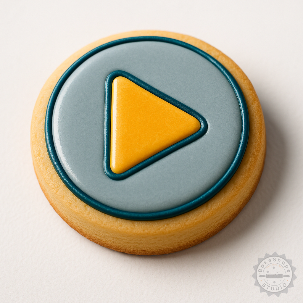 Decorated example 1 of Play Button Cookie, Fondant Cutter & Stamp Set, 6-Piece Collection in S/M/L Sizes
