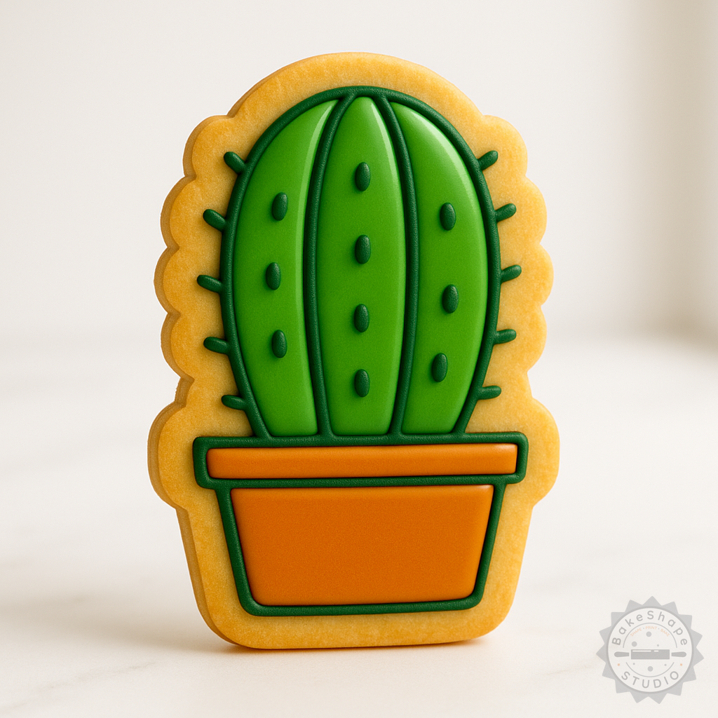 Decorated example 1 of Rounded Cactus Cookie Cutter and Stamp Set, 3 Sizes, Shape Fondant, Succulent Baking Tools