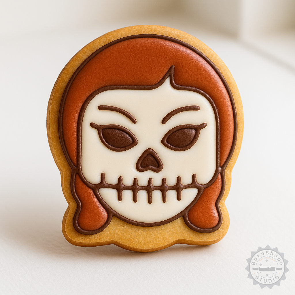 Decorated example 1 of Skull Girl Cookie Cutter and Stamp Set, 6-Piece Halloween Skull Shape, Sizes S/M/L, Perfect for Cookies and Fondant