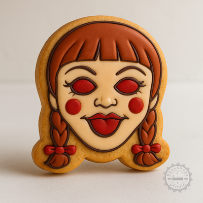 Decorated example 1 of Halloween Cookie Cutter and Stamp Set, Creepy Doll Design, 6 Piece, 3 Sizes