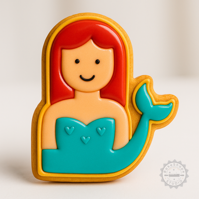 Decorated example 1 of Mermaid Cookie, Fondant Shape Cutter, Stamp Set, S/M/L Sizes - 6 Piece Fairy-tale, Fantasy Design