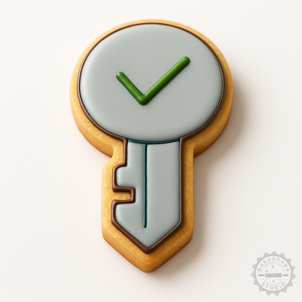 Decorated example 1 of Key Cookie Cutter and Stamp Set, 6-Piece Fondant Shapes in S/M/L Sizes