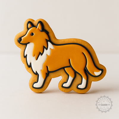 Decorated example 1 of Shetland Sheepdog Cookie Cutter and Stamp Set, 6-Piece, Fondant & Baking, S/M/L Sizes