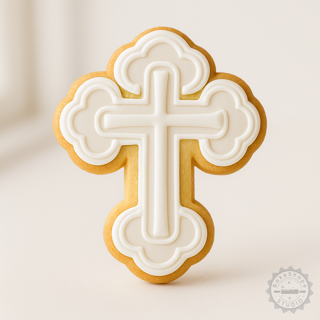 Decorated example 1 of Cross Cookie Cutter and Stamp Set, Skull Cross Design, Fondant Tool, 3 Sizes