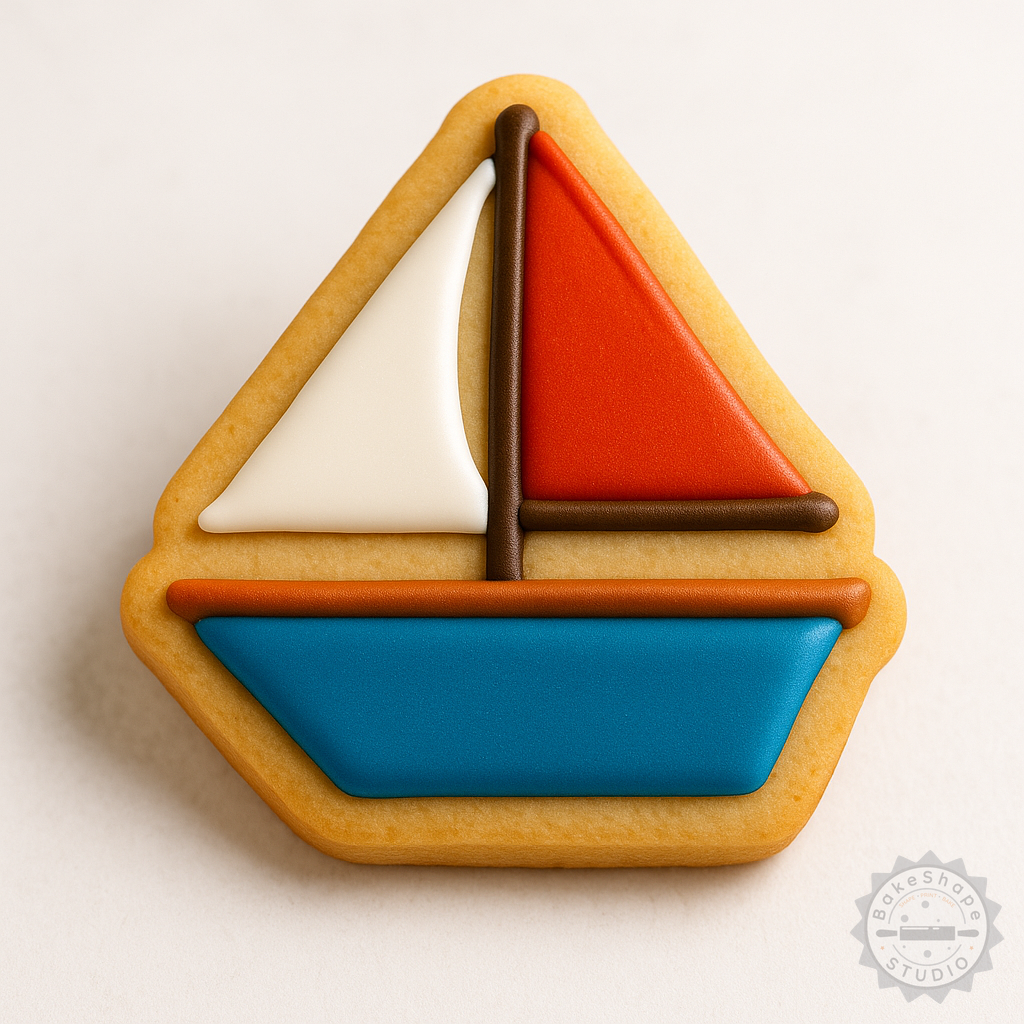 Decorated example 1 of Wind Sail Boat Shape Cutter & Stamp Set for Cookies, Fondant, Nautical Baking Tools Bundle