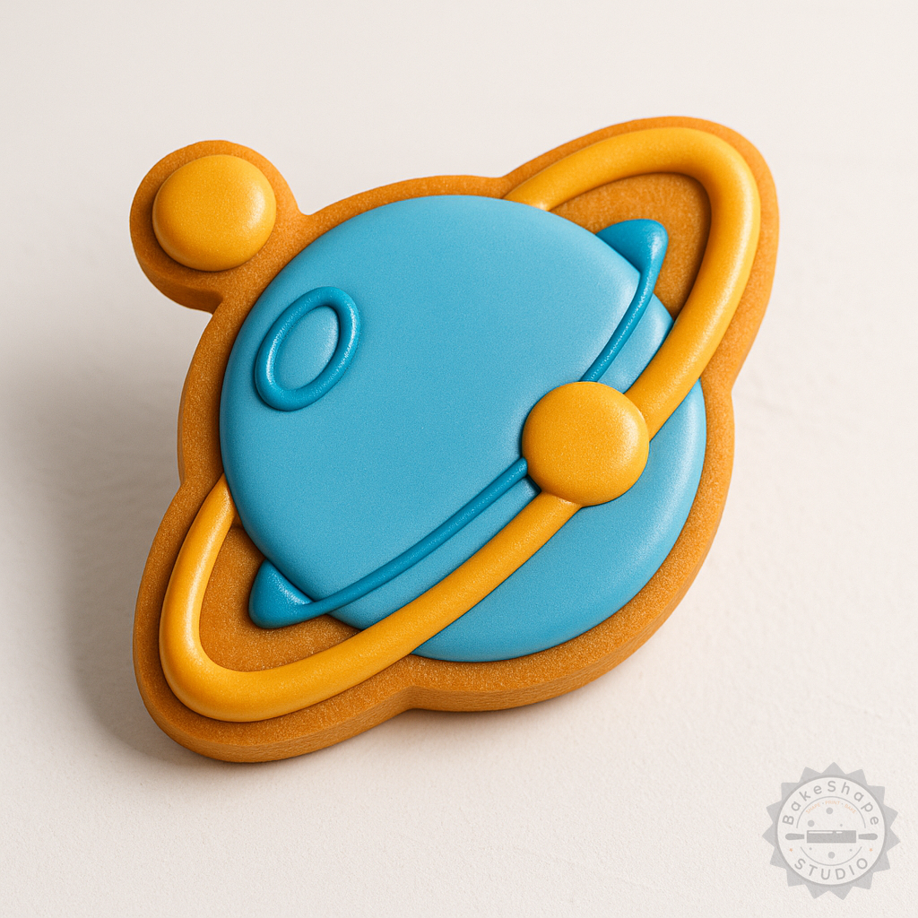 Decorated example 1 of Saturn Cookie Cutter Set, Shape Stamp, Fondant, 6-Piece, S/M/L, Ringed Planet Design