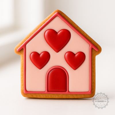 Decorated example 1 of Love Home Cookie Cutter, Fondant Stamp Set, 6-Piece Heart House Shapes, S/M/L Sizes