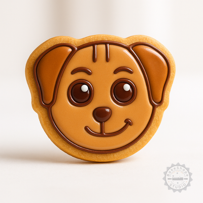Decorated example 1 of Smirk Shape Cutter & Stamp Set for Cookies & Fondant, 6-Piece, Dog Emoji Designs