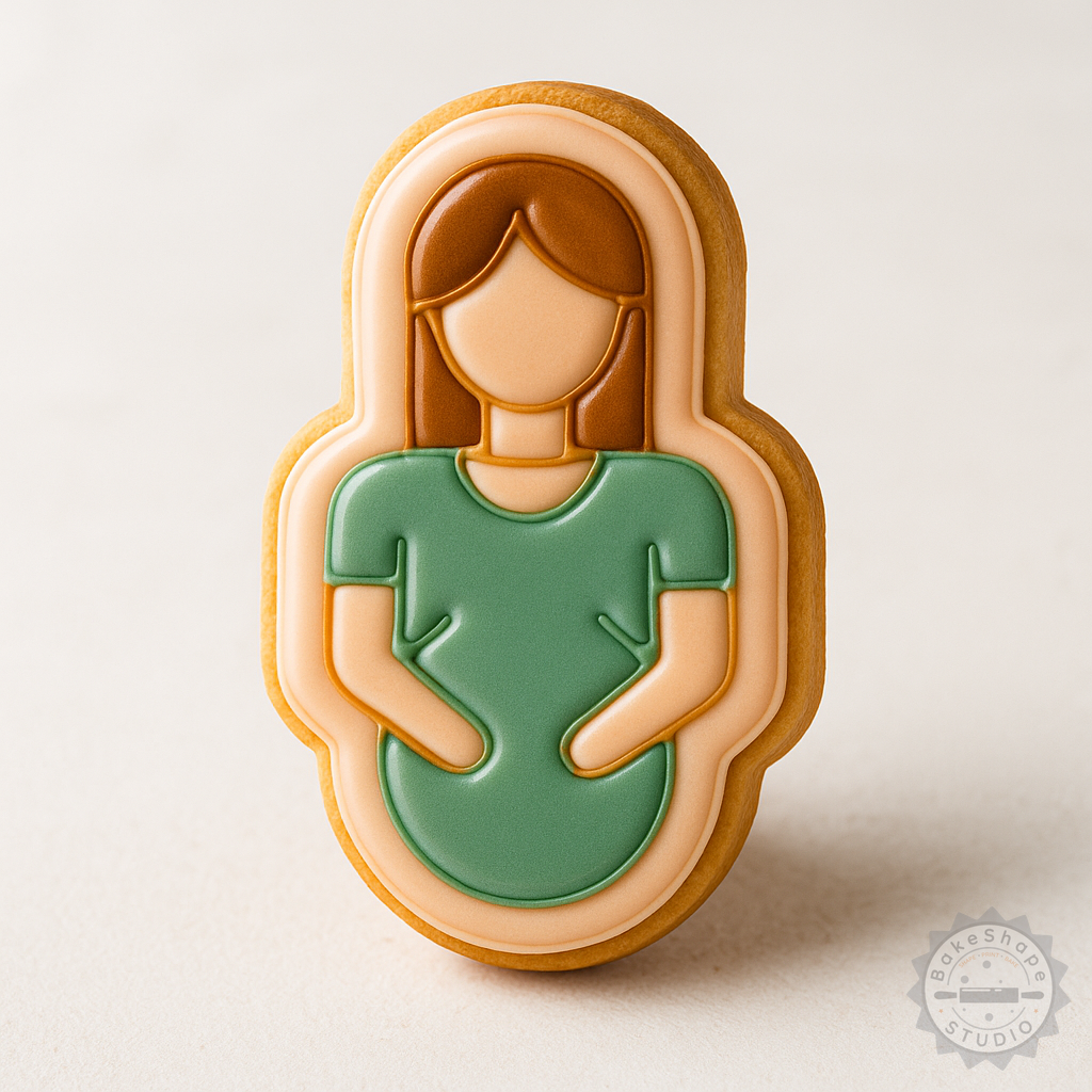 Decorated example 1 of Maternity Cookie Shape Cutter and Stamp Set, 6 Pieces in 3 Sizes for Fondant, Expecting Mom Designs