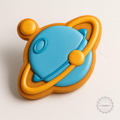 Decorated example 1 of Saturn Cookie Cutter Set, Shape Stamp, Fondant, 6-Piece, S/M/L, Ringed Planet Design