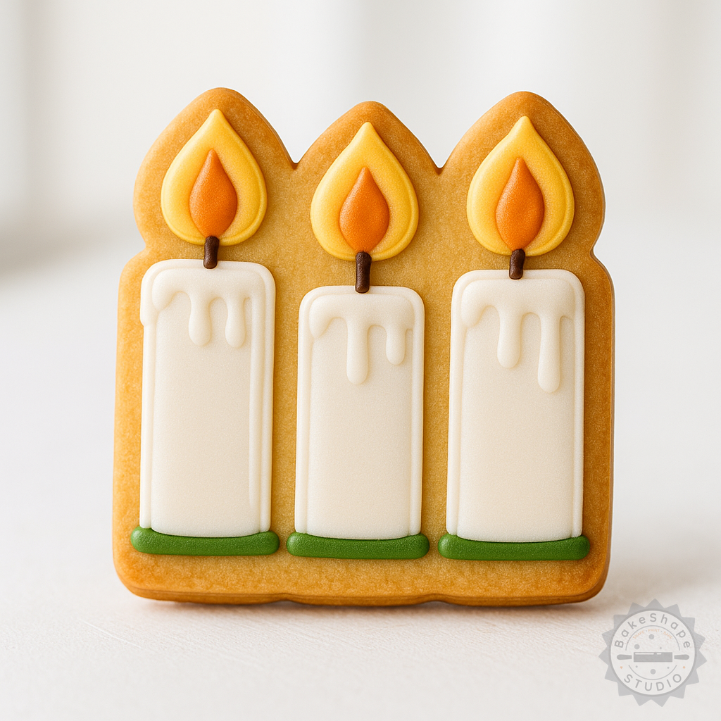 Decorated example 1 of 6-Piece Candle Shape Cutter & Stamp Set for Cookies, Fondant in S/M/L - Celebration & Festive Designs