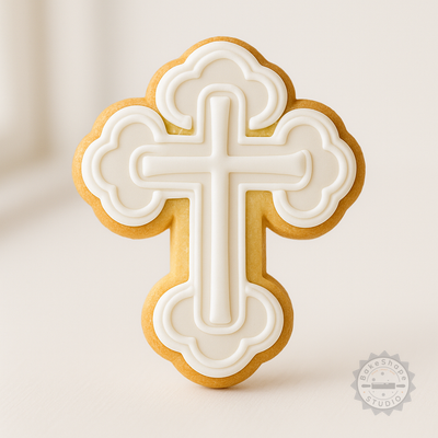 Decorated example 1 of Cross Cookie Cutter and Stamp Set, Skull Cross Design, Fondant Tool, 3 Sizes