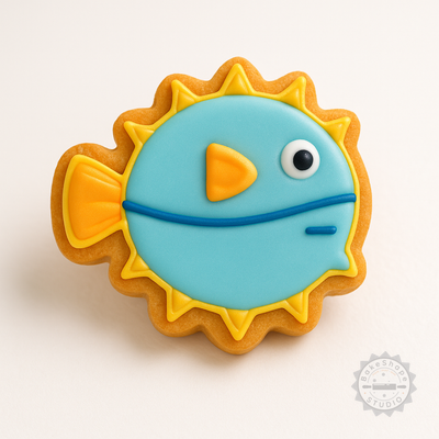 Decorated example 1 of Puffer Fish Cookie Fondant Cutter Stamp Set, Includes S/M/L Sizes, 6-Piece, Perfect for Marine Themed Baking