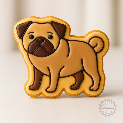 Decorated example 1 of Pug Cookie Fondant Shape Cutter Stamp Set, 6 Pieces, 3 Sizes S/M/L, Perfect for Dog Breed, Puppy Face Designs