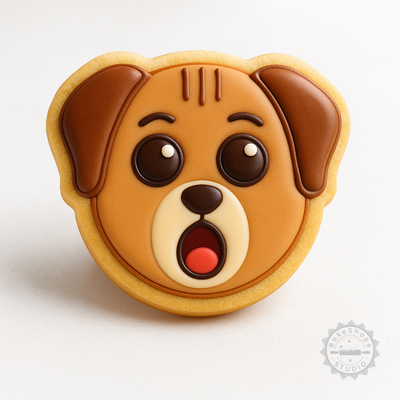 Decorated example 1 of Yawn Shape Cutter and Stamp for Cookies and Fondant, Dog Emoji Design, 6-Piece Set, Sizes S/M/L