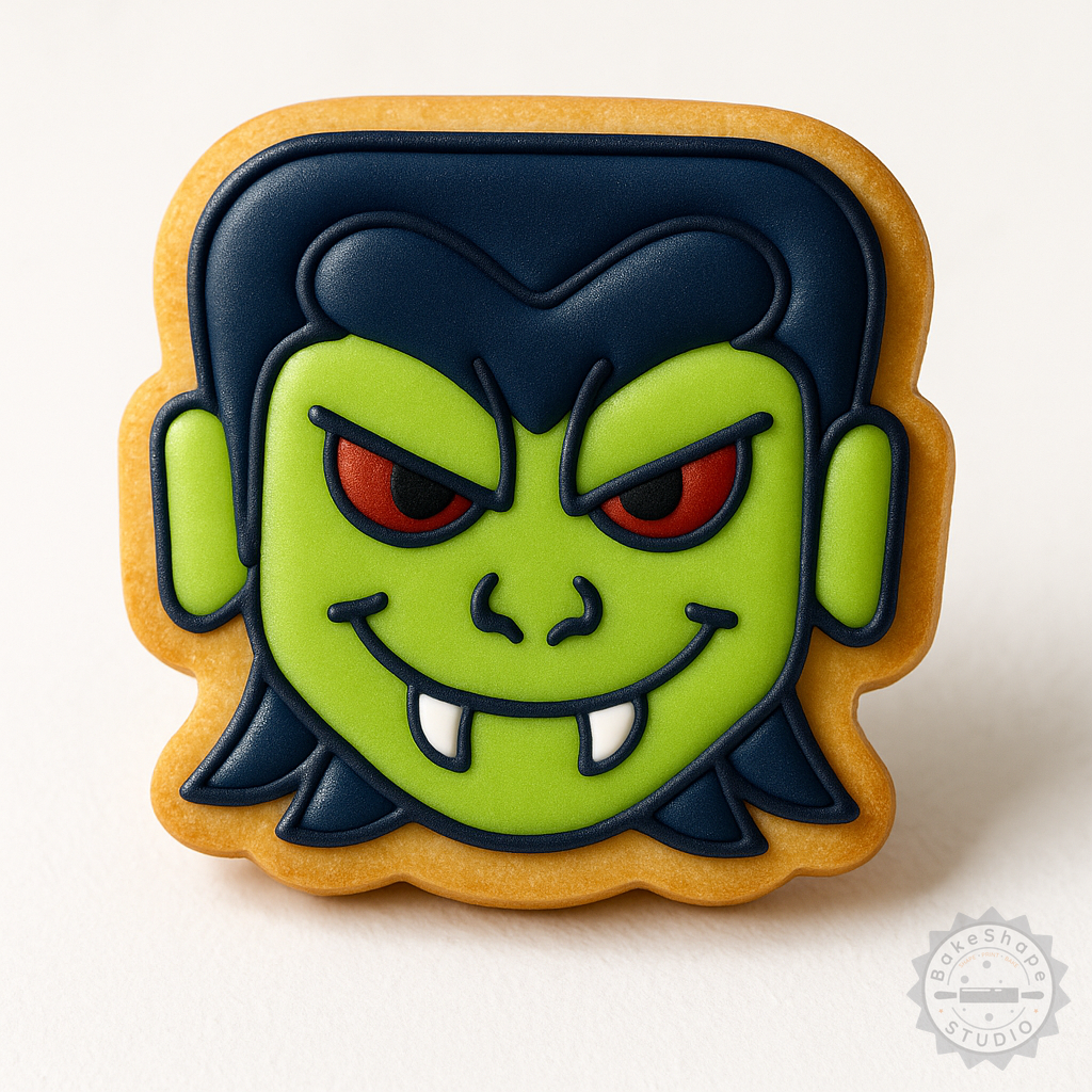 Decorated example 1 of Vampire Boy Cookie Cutter and Stamp Set, Shapes for Fondant, Halloween, S/M/L