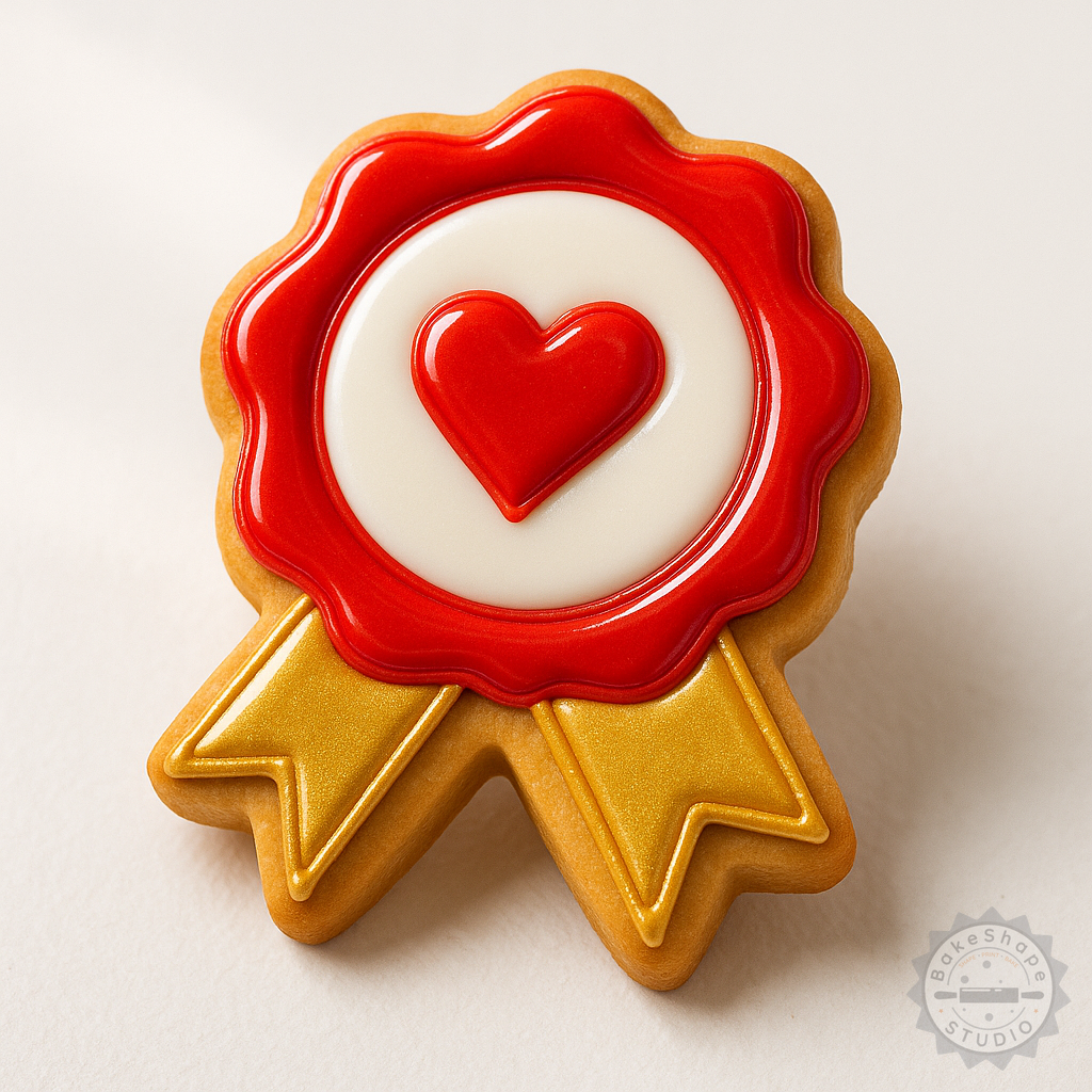 Decorated example 1 of Heart Badge Cookie Cutter and Stamp Set, 6 Piece, S/M/L Sizes, Perfect for Fondant and Baking Decorations