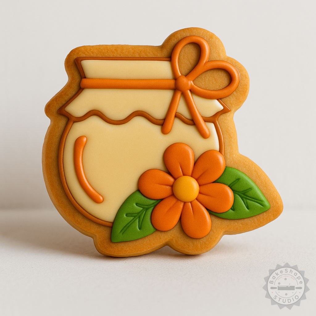 Decorated example 1 of Honey Jar with Flower Cookie Cutter Set, 6-Piece Fondant Stamp, S/M/L Sizes