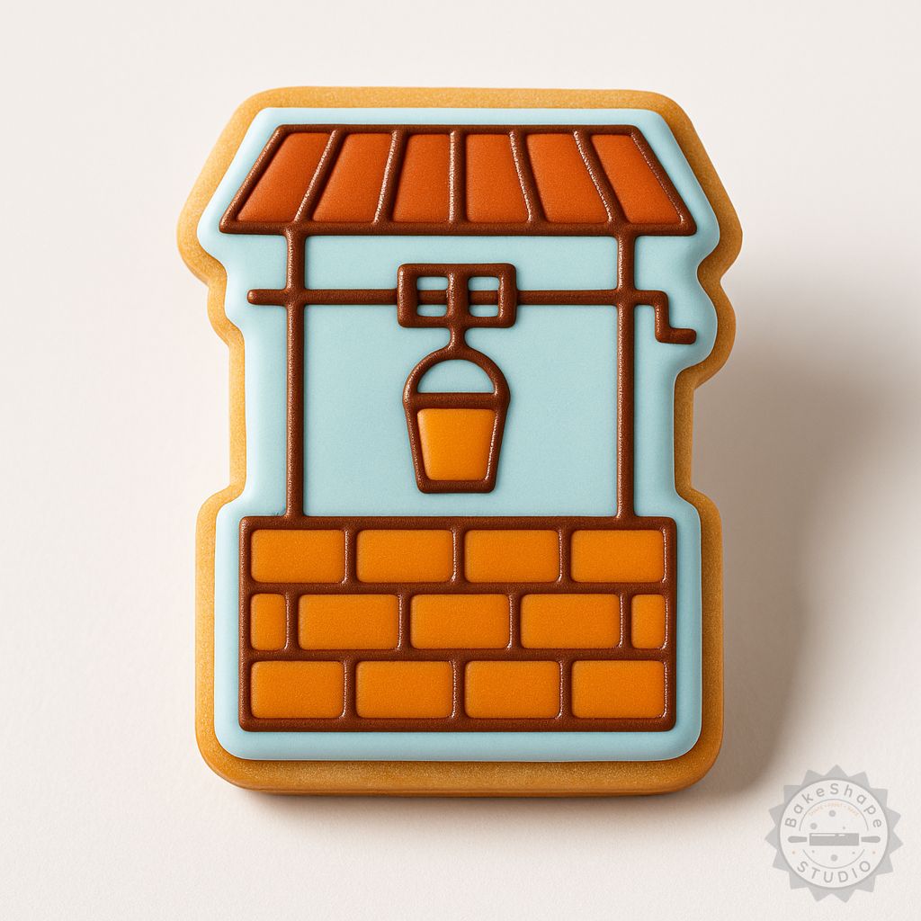 Water well cookie cutter and stamp set STL for 3D printing detailed village pond cookies and fondant decorations
