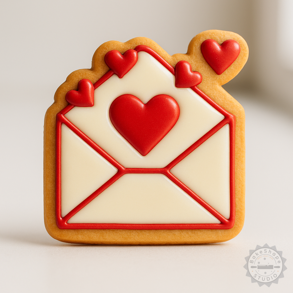 Decorated example 1 of Love Letter Cookie Shape Cutter & Stamp Set, Perfect for Fondant, 6 Pc, Heart Envelope Design