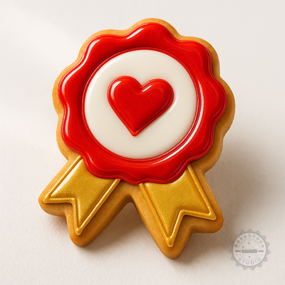 Decorated example 1 of Heart Badge Cookie Cutter and Stamp Set, 6 Piece, S/M/L Sizes, Perfect for Fondant and Baking Decorations