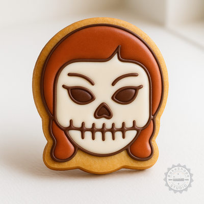 Decorated example 1 of Skull Girl Cookie Cutter and Stamp Set, 6-Piece Halloween Skull Shape, Sizes S/M/L, Perfect for Cookies and Fondant