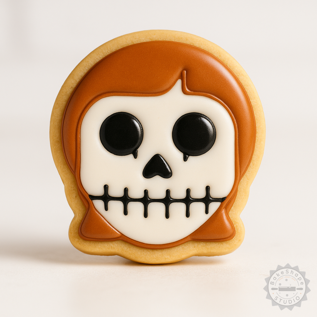 Decorated example 1 of Skull Girl Halloween Cookie Cutter & Stamp Set, 6 Piece Fun Spooky Designs for Cookies & Fondant, S/M/L Sizes