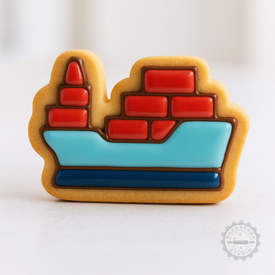 Decorated example 1 of Cargo Ship Cookie Cutter and Stamp Set, Perfect for Cookies and Fondant, Includes 6 Pieces in Assorted Sizes