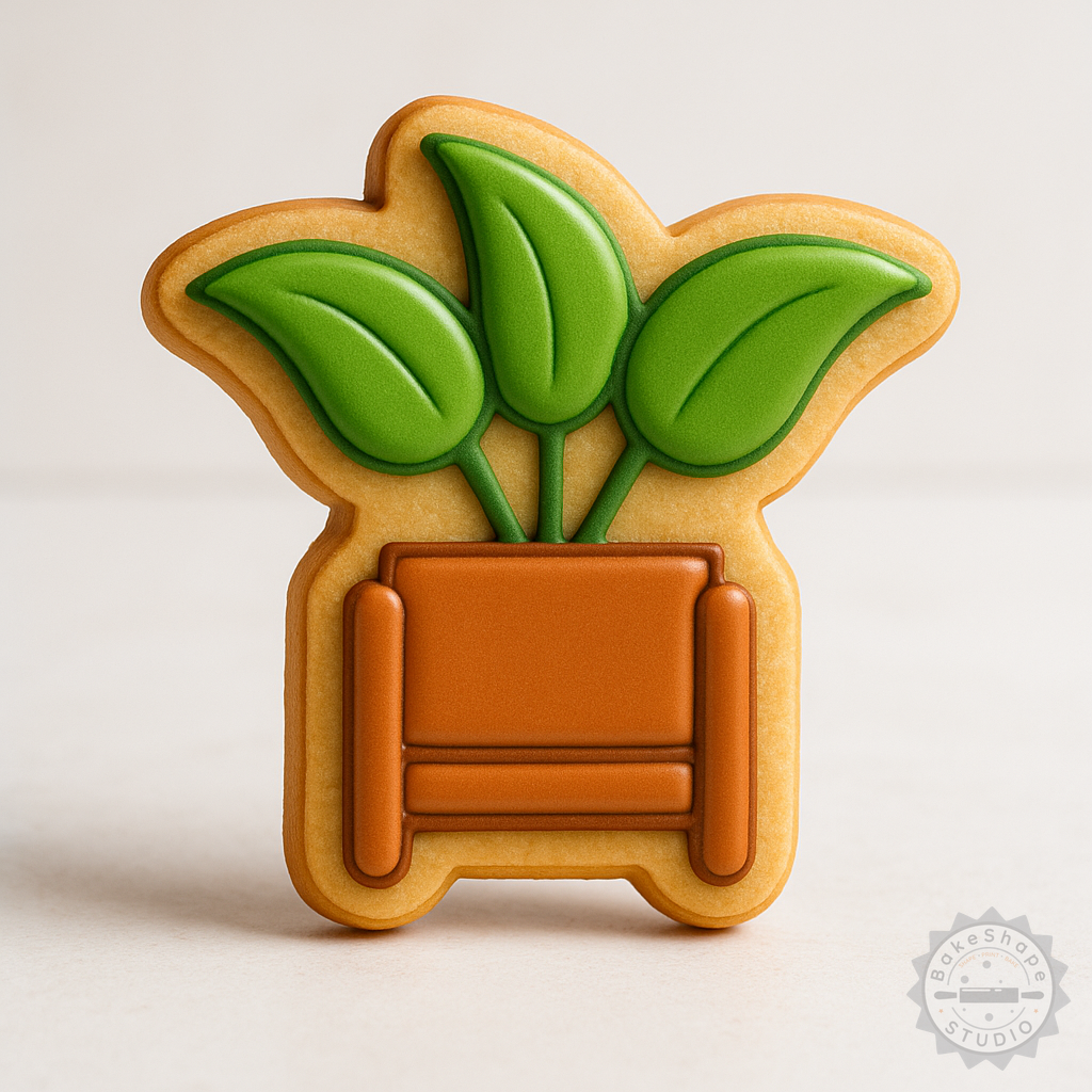Decorated example 1 of Modern Pot Plant Cutter & Stamp Set for Cookies, Fondant - 6 Pieces (S/M/L)