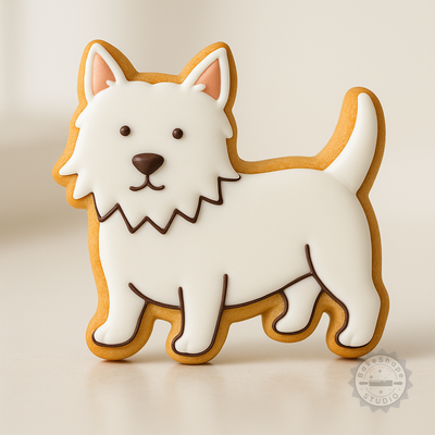 Decorated example 1 of Westie Dog Cookie Fondant Cutter Stamp Set, 3 Sizes S/M/L, 6-Piece West Highland White Terrier Design