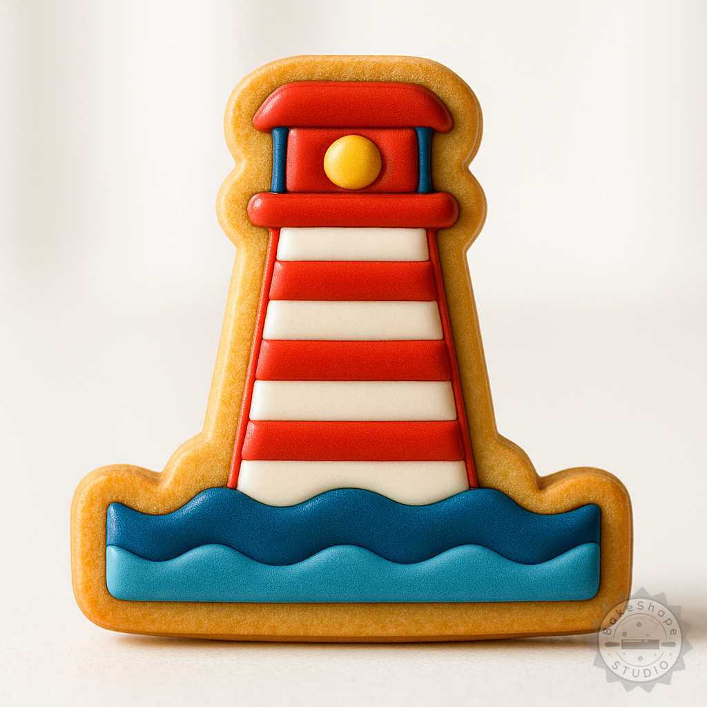 Decorated example 1 of Lighthouse Cookie Cutter & Stamp Set, 6 Piece, S/M/L Sizes for Fondant, Baking & Decorating