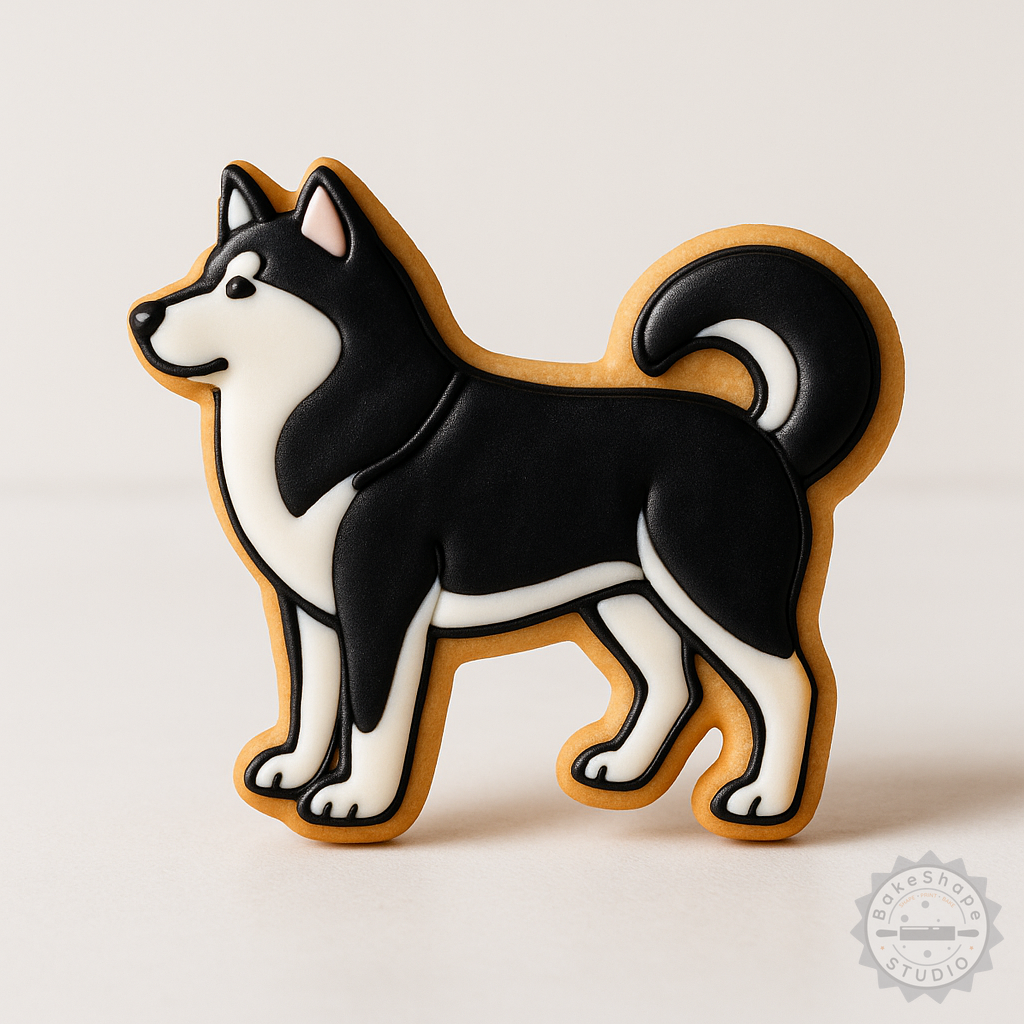 Decorated example 1 of Alaskan Malamute Cookie, Fondant Shape Cutter Stamp Set, 6 Piece, S/M/L, Dog Breed Design