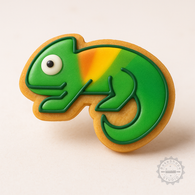 Decorated example 1 of Chameleon Shape Cutter and Stamp Set, Perfect for Cookies and Fondant, Includes 3 Sizes S/M/L - 6 Pieces Collection