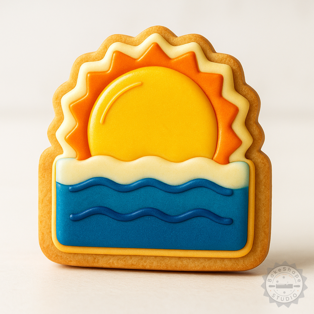 Decorated example 1 of Sunrise Ocean Cookie Cutter & Stamp Set, Perfect for Fondant, 3 Sizes, 6 Pieces