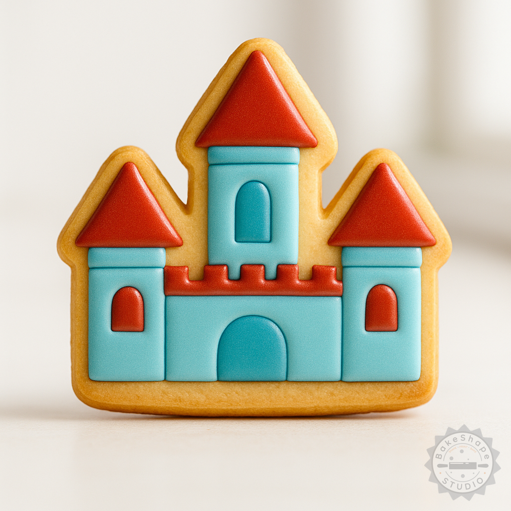 Decorated example 1 of Castle Cookie Cutters Set, 6-Piece, Shapes for Cookies, Fondant, S/M/L Sizes, Royal Palace, Medieval Keep Design