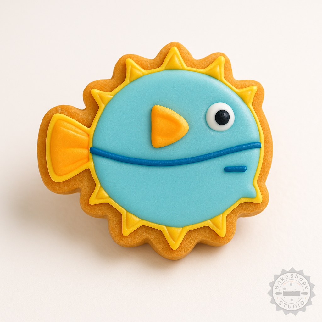 Decorated example 1 of Puffer Fish Cookie Fondant Cutter Stamp Set, Includes S/M/L Sizes, 6-Piece, Perfect for Marine Themed Baking