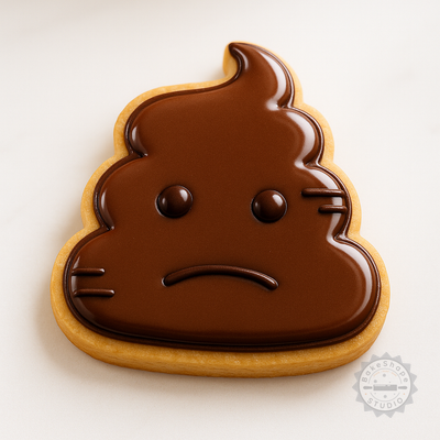 Decorated example 1 of Poop Emoji Cookie Cutter and Stamp Set, 6-Piece, Frown Emoji Design, Perfect for Cookies and Fondant, Sizes S/M/L