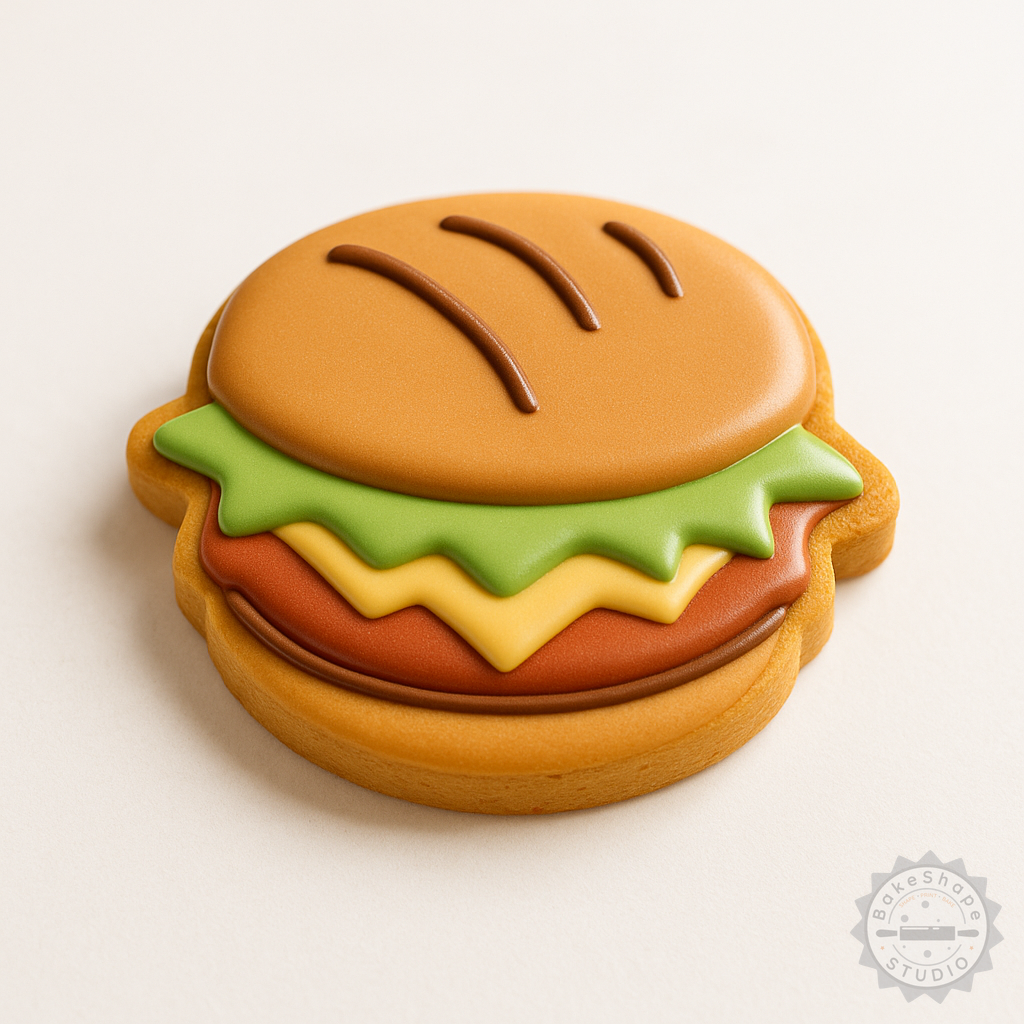 Decorated example 1 of Hamburger Shape Cutter and Stamp Set, Perfect for Cookies and Fondant, 6-Piece S/M/L Sizes