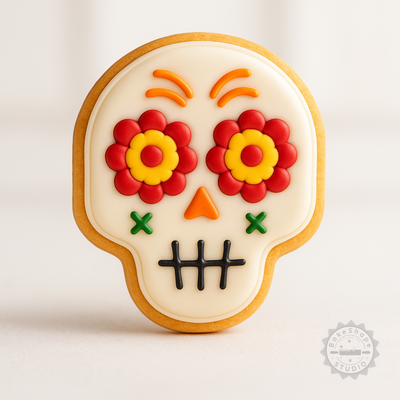 Decorated example 1 of Skull Cookie Cutter Set, Shape Cutter and Stamp for Cookies and Fondant, 6-Piece, Day of the Dead Designs