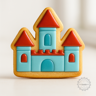 Decorated example 1 of Castle Cookie Cutters Set, 6-Piece, Shapes for Cookies, Fondant, S/M/L Sizes, Royal Palace, Medieval Keep Design