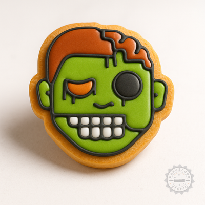 Decorated example 1 of Zombie Boy Shape Cutter and Stamp Set for Cookies and Fondant, Halloween Cookie Baking Tool, 6-Piece, Sizes S/M/L