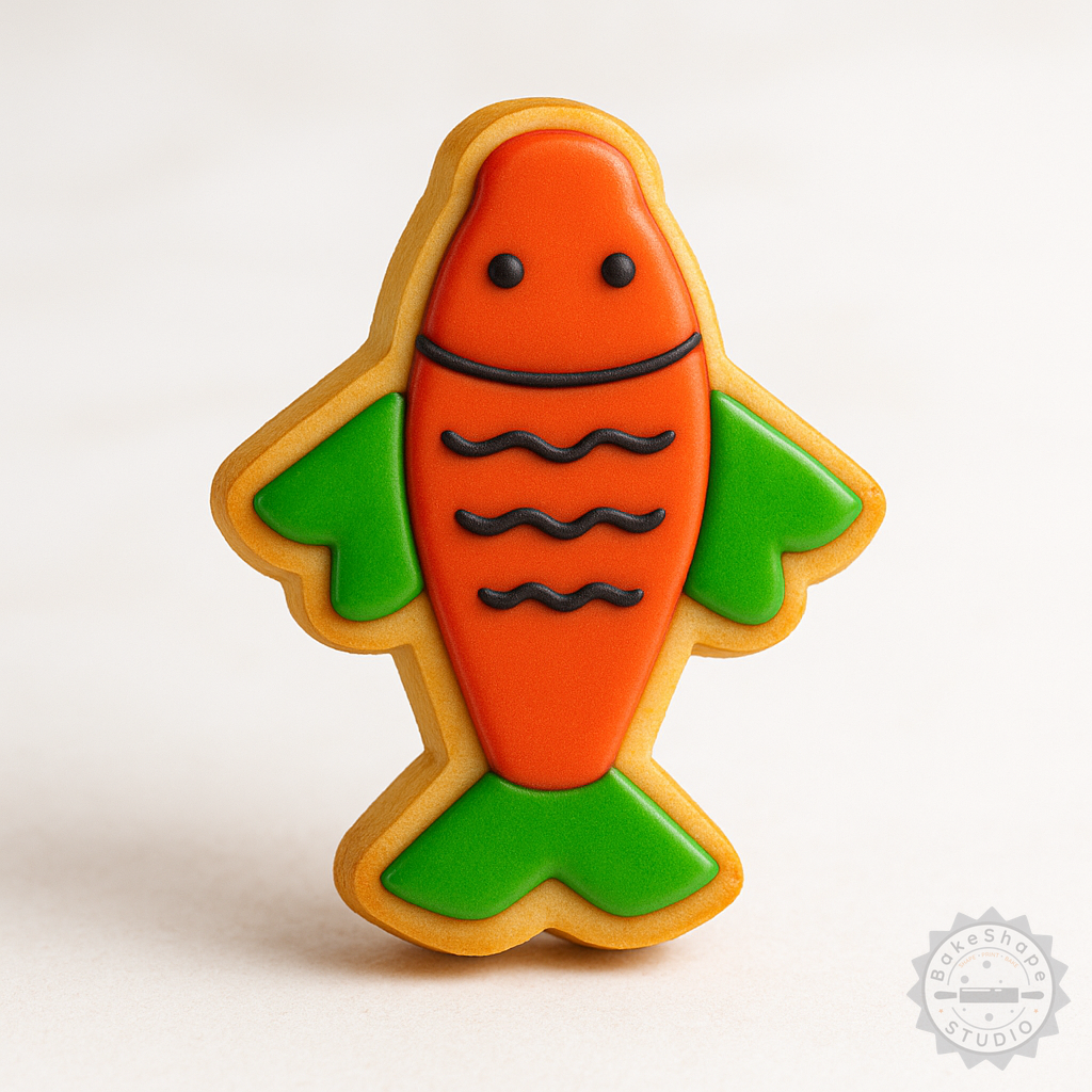 Decorated example 1 of Carps Cookie Cutter and Stamp Set, 6 Pieces, Koi Fish Shapes, Perfect for Fondant, Baking, S/M/L Sizes, Fortune Fish Design
