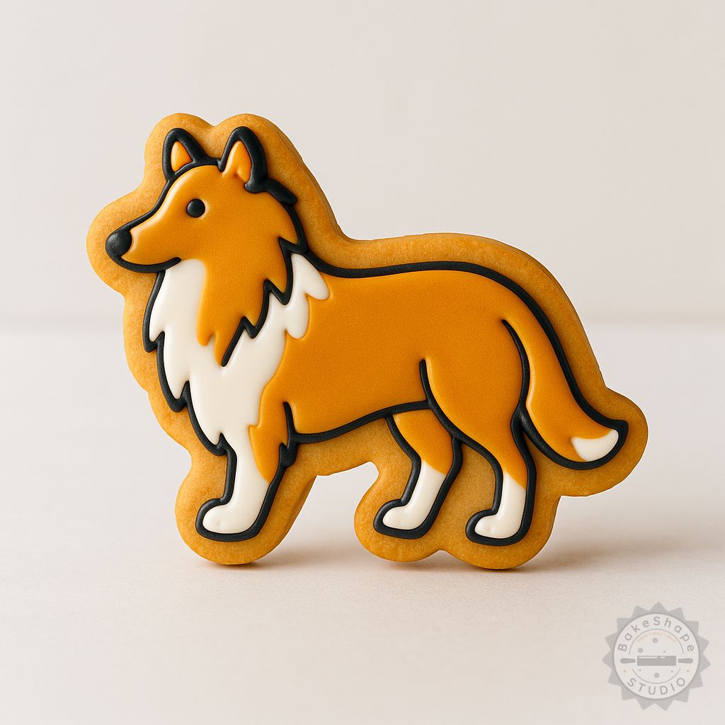 Shetland Sheepdog cookie cutter and stamp set STL for 3D printing, available in small, medium, and large sizes
