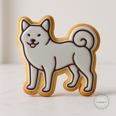Decorated example 1 of Akita Dog Shape Cutter and Stamp Set for Cookies and Fondant, 6-Piece, S/M/L Sizes