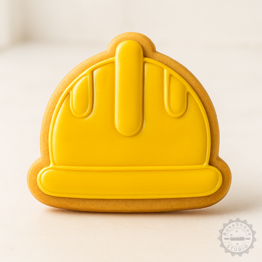 Decorated example 1 of Hard Hat Cookie Cutter Set, Safety Helmet Shape Stamp, 6-Piece, S/M/L Sizes for Cookies, Fondant